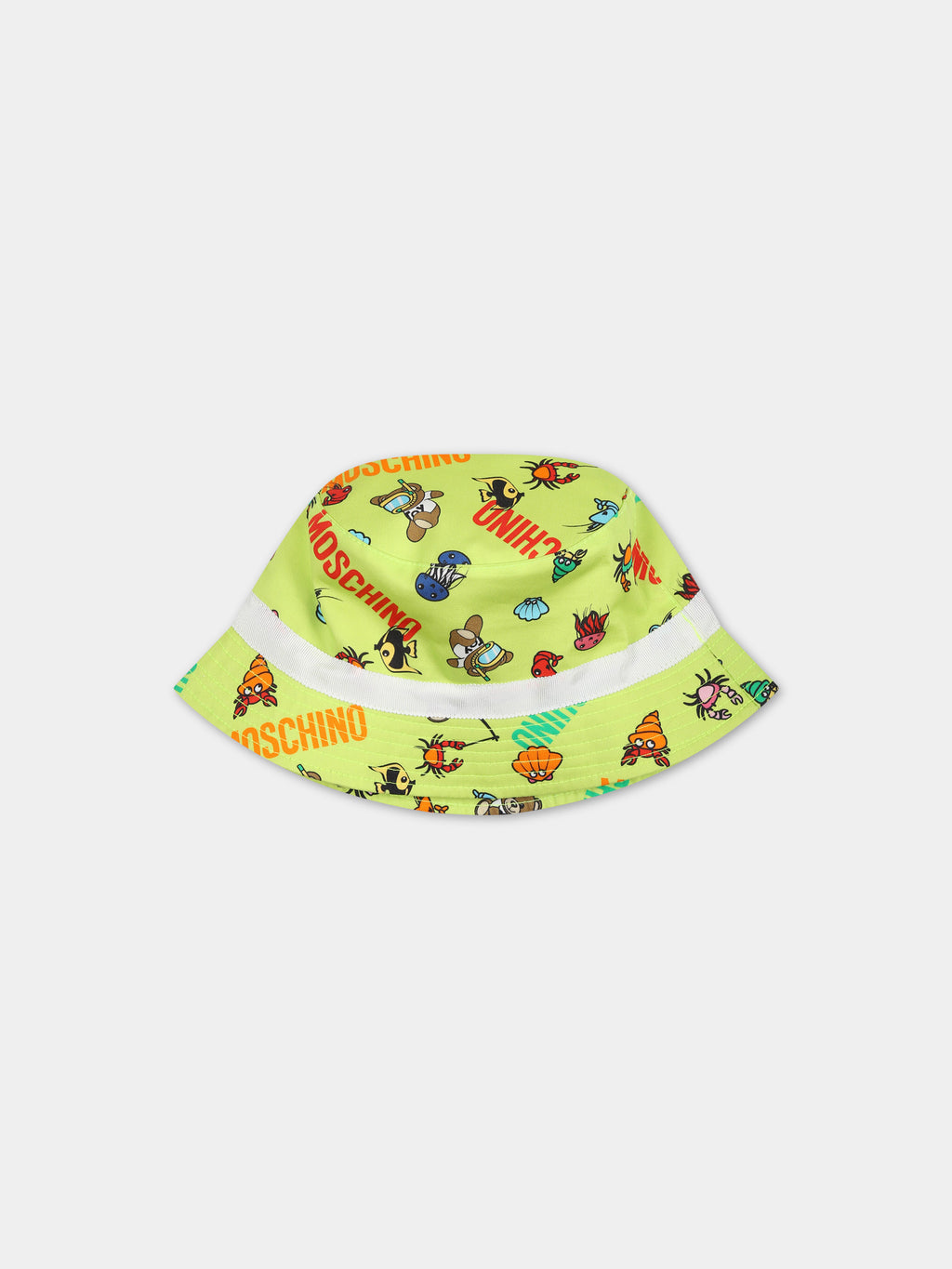 Green cloche for baby boy with animal pattern and all-over multicolor logo